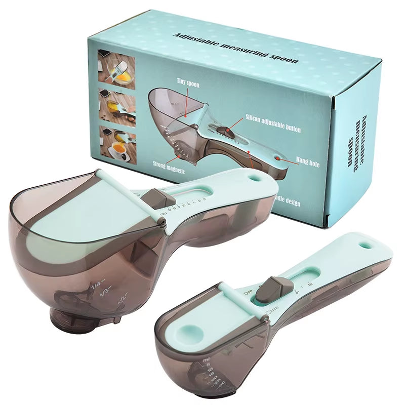 Set of 2 Adjustable Measuring Spoons Large and Small for Baking with Transparent Design and Measurement Scale for Flour Sugar Or