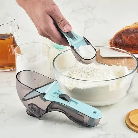 Set of 2 Adjustable Measuring Spoons Large and Small for Baking with Transparent Design and Measurement Scale for Flour Sugar Or